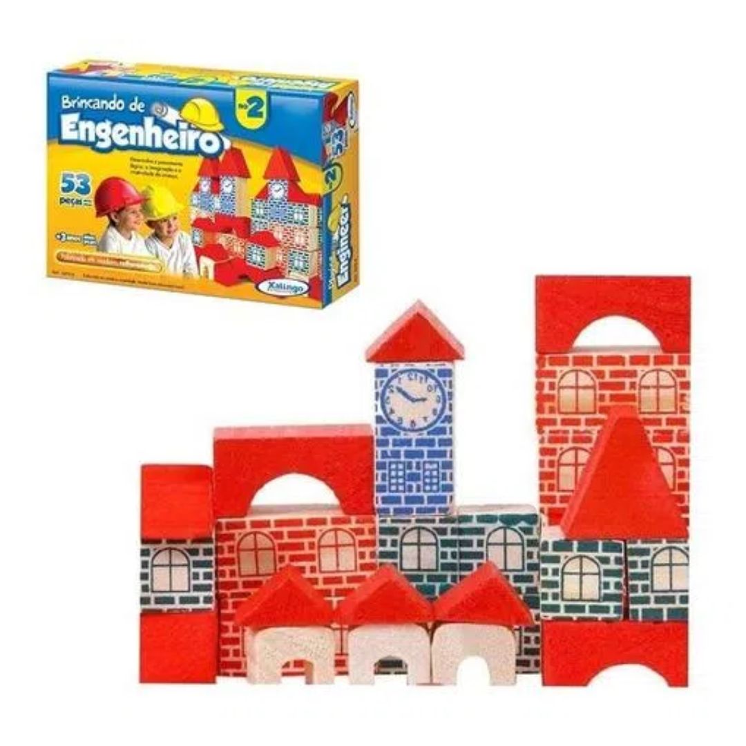 Brincando de Engenheiro c/ 53 peças Jogo de Blocos de Montar em Madeira -  Brinquedo Educativo no Shoptime
